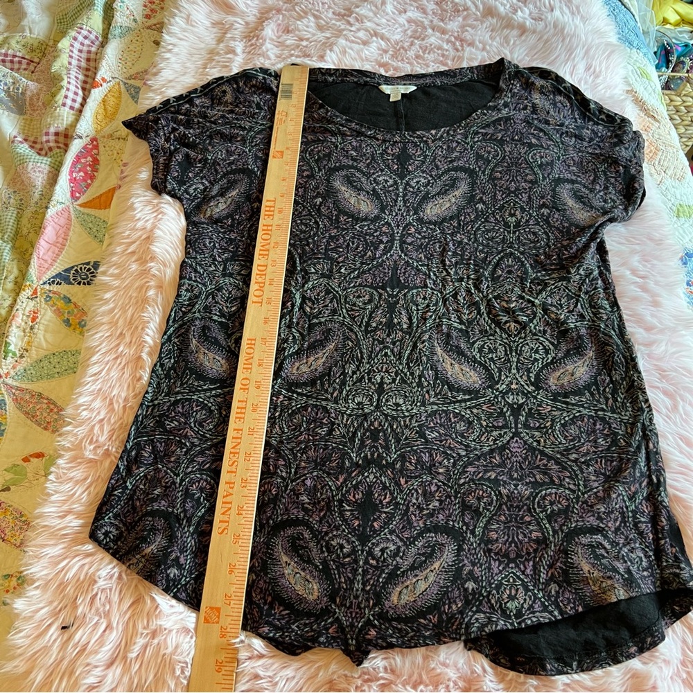 Lucky Brand Colorful Faux Embroidery Paisley Boho Short Sleeve T-Shirt Blouse L - Picture 10 of 10